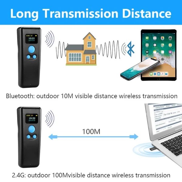 DCBT55 lecteur 2D BT 2.4Ghz USB-HID noir à mémoire avec écran couleur longue transmission