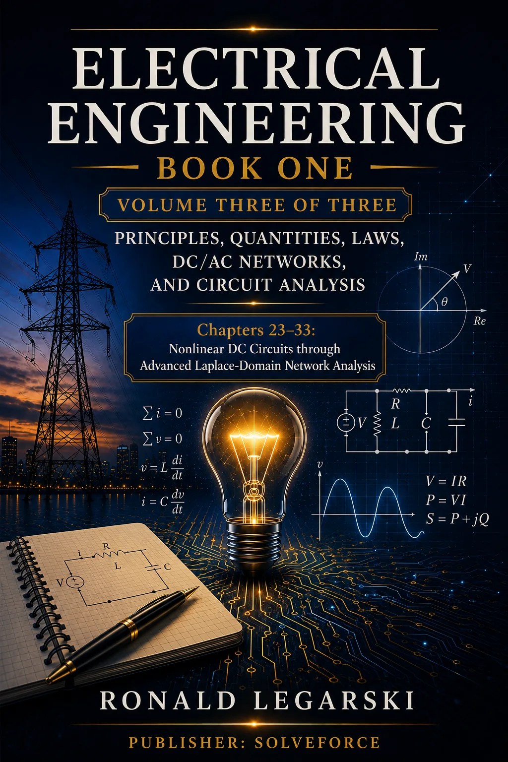 Cover of Electrical Engineering — Book 1B — Principles, Quantities, Laws, DC/AC Networks, and Circuit Analysis — Volume 3 of 3, by Ronald Legarski, published by SOLVEFORCE®