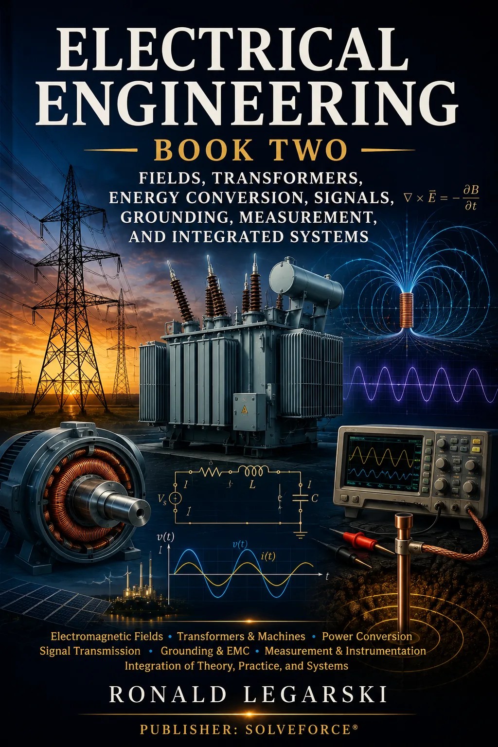 Cover of Electrical Engineering, Book Two — Fields, Transformers, Energy Conversion, Signals, Grounding, Measurement, and Integrated Systems by Ronald Legarski, SOLVEFORCE®