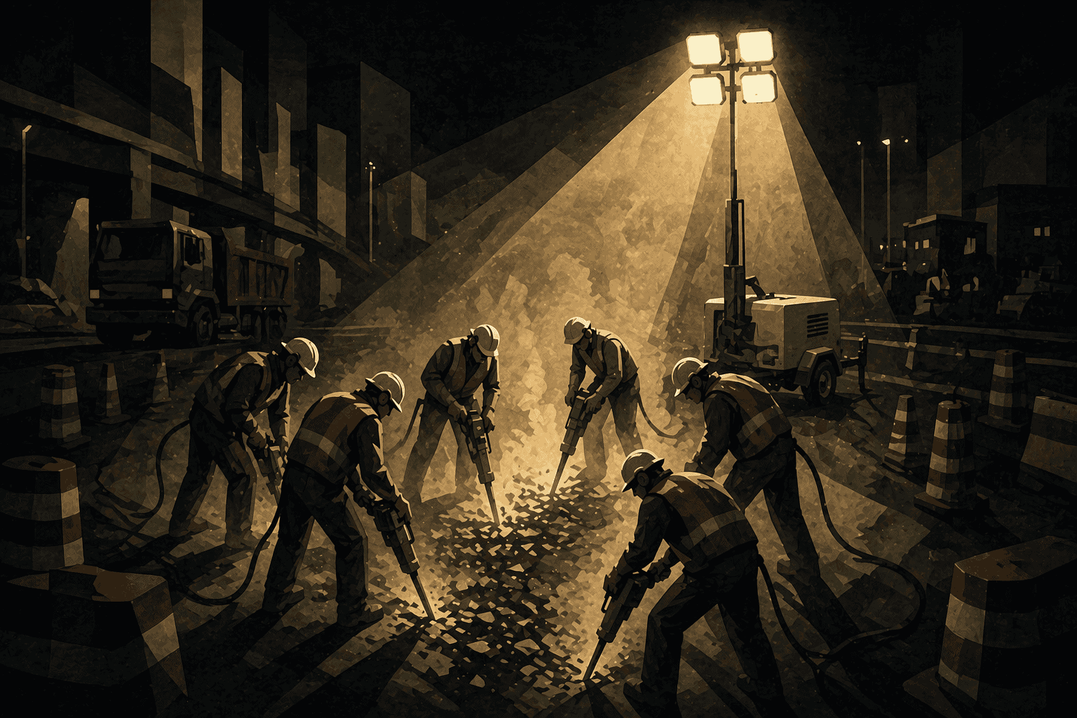 labor crew jackhammering  birdge at night