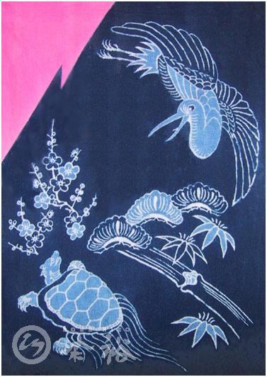 藍・紅花染筒描「湯上げ 鶴亀松竹梅」