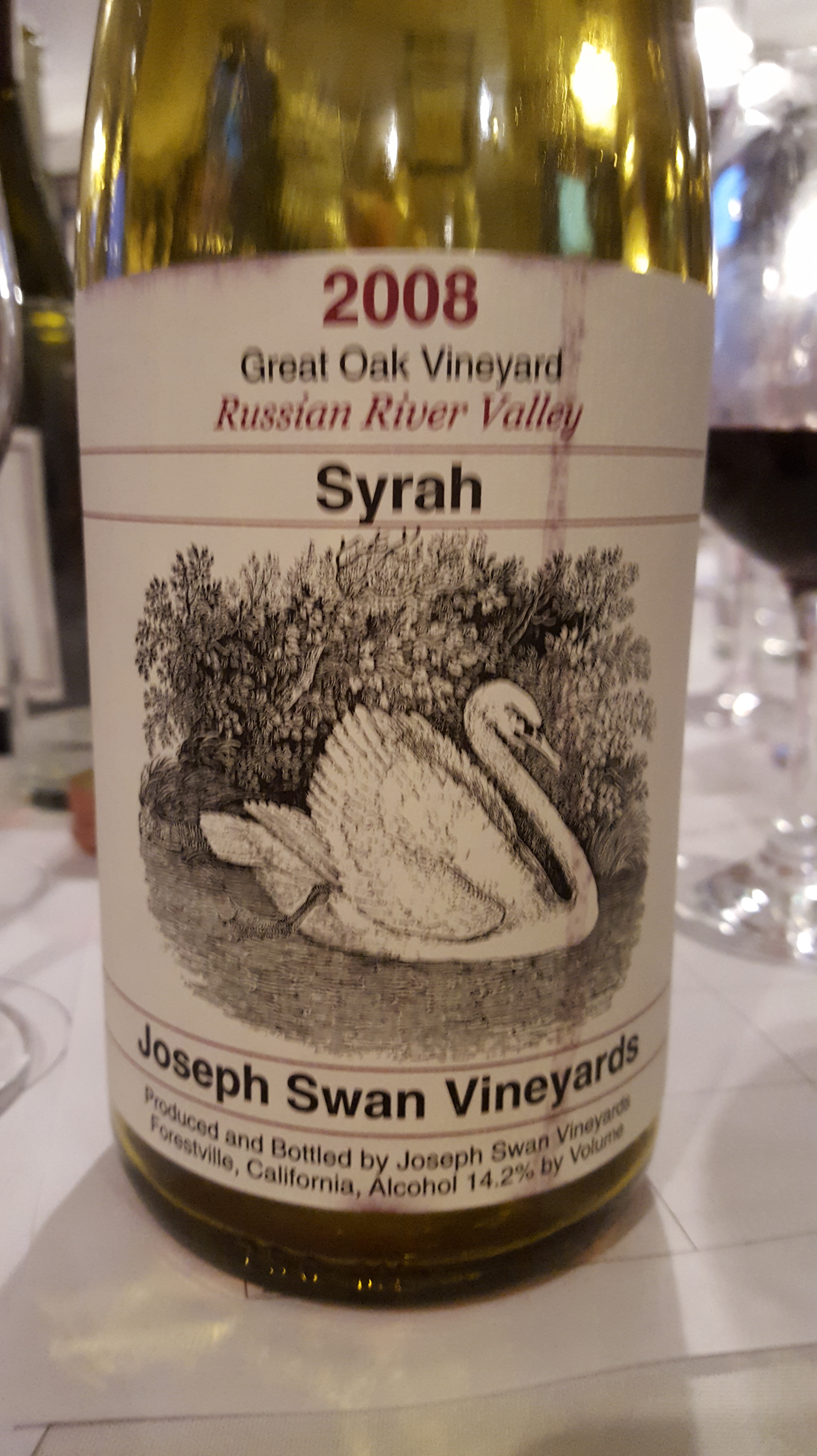 Joseph Swan 2008 Russian River Valley Syrah, still youthful with cooked cherry, spiced plum, pepper and cassis. Gorgeous.