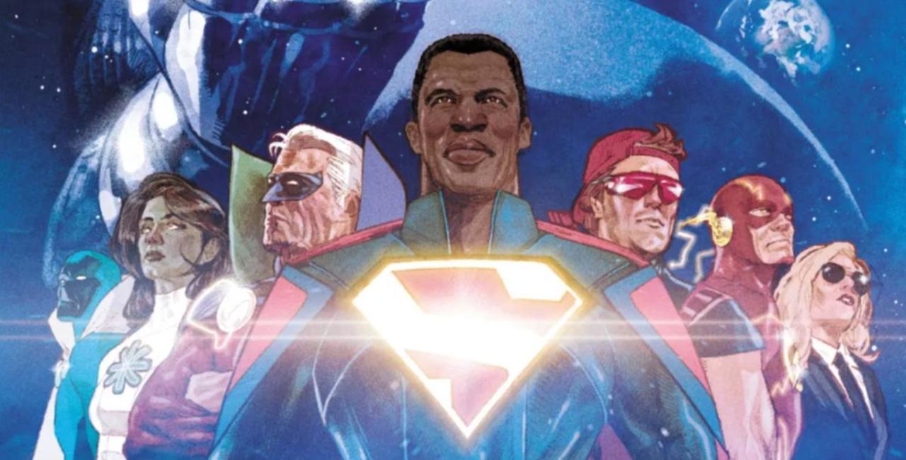 The cover of Infinite Frontier with, the members of Justice Incarnate and the Totality underneath the shadow of Darkseid.