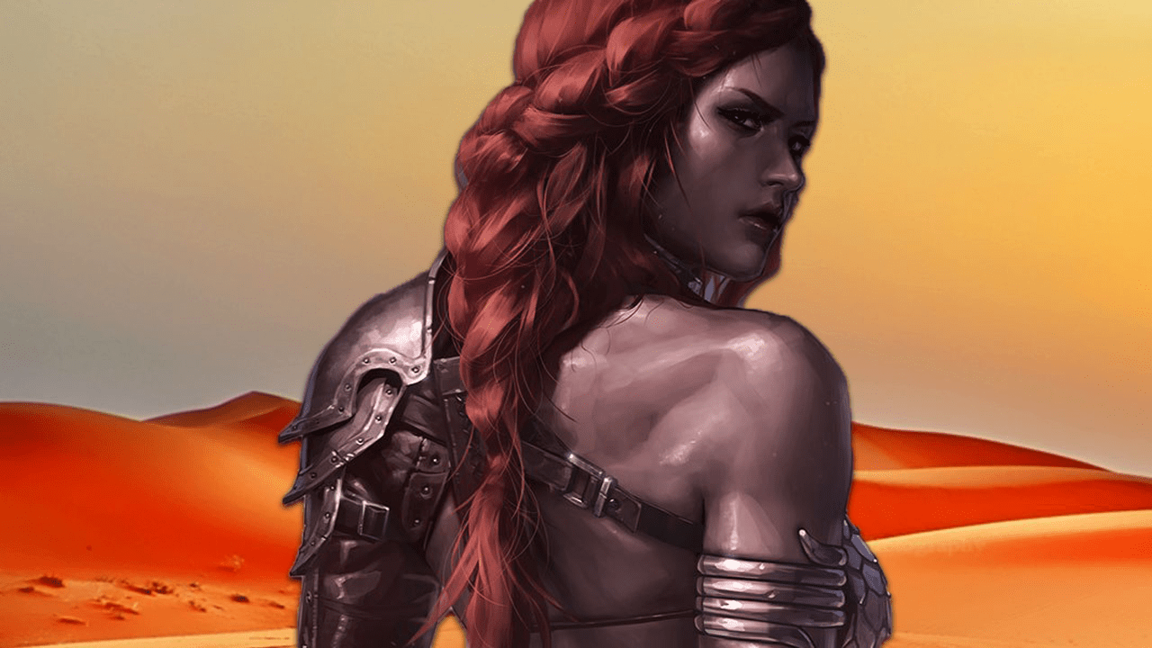 Red Sonja: The She-Devil with a Sword stands with her back turned to us.