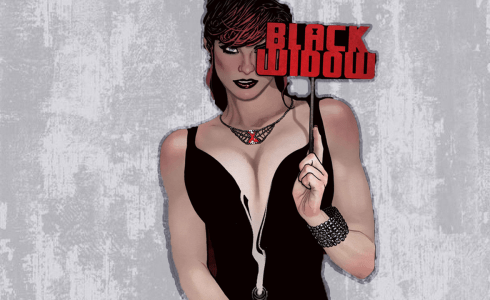 Black Widow is in front of a cement wall with a smoking gun and a mask that has her name on it.