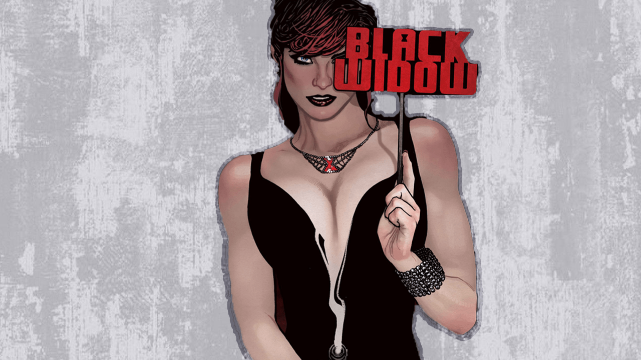Black Widow is in front of a cement wall with a smoking gun and a mask that has her name on it.