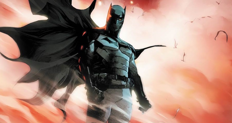 The cover of I Am Batman #0, with Jace Fox suited up in the Batsuit, with dust and smoke surrounding him.