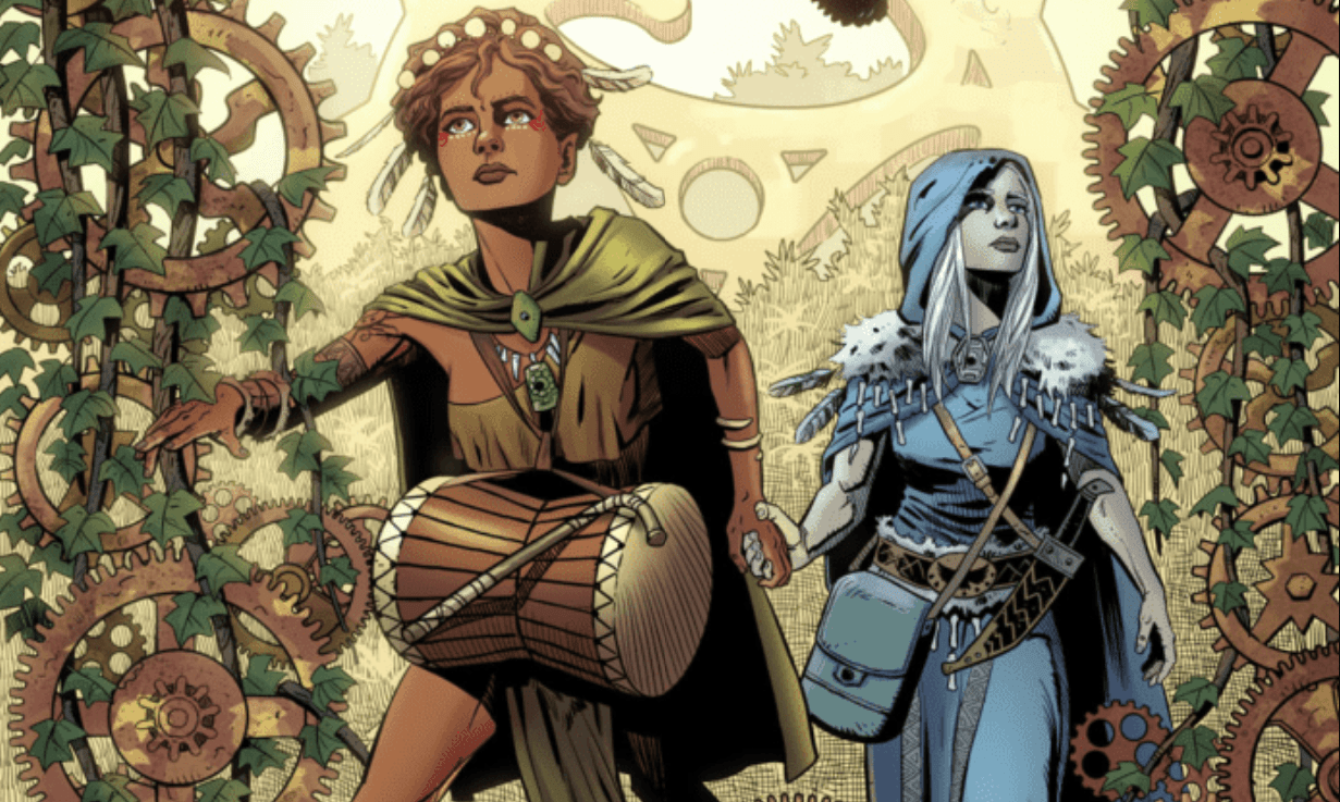 The cover of Coddlesworth's Clockwork Circus, with the two main characters, Drum and Imari walking through gears covered in vines.