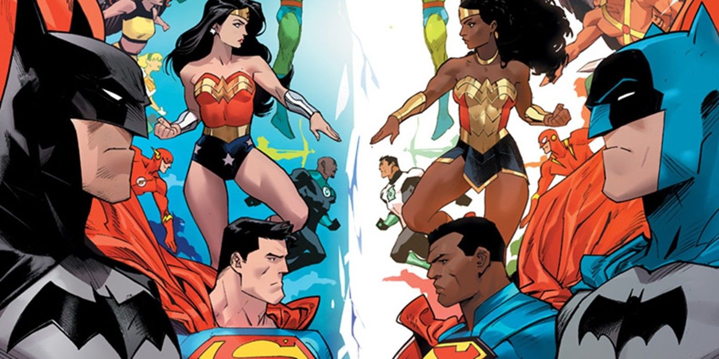 On the cover of Justice League: Infinity, we have the Justice League opposite their Justice Alliance counterparts. Batman opposite Batman, Superman opposite Superman, and Wonder Woman opposite Wonder Woman, each in different costumes.