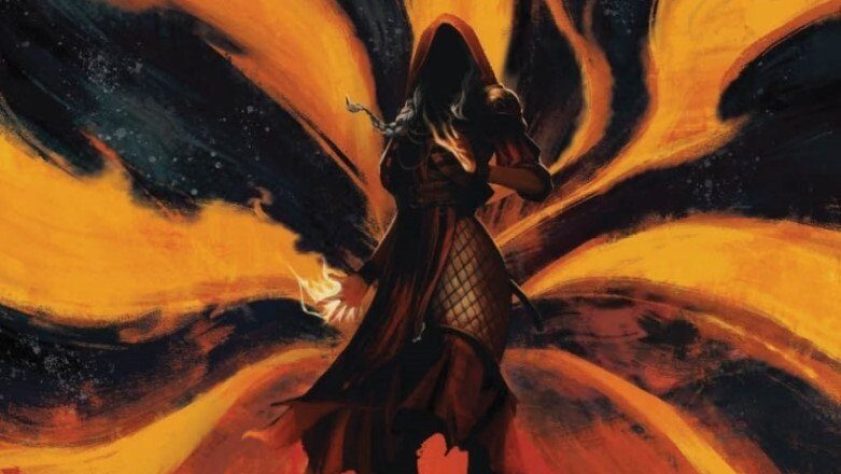 Planeswalker Jaya Ballard has hands of fire and is surrounded by flames.