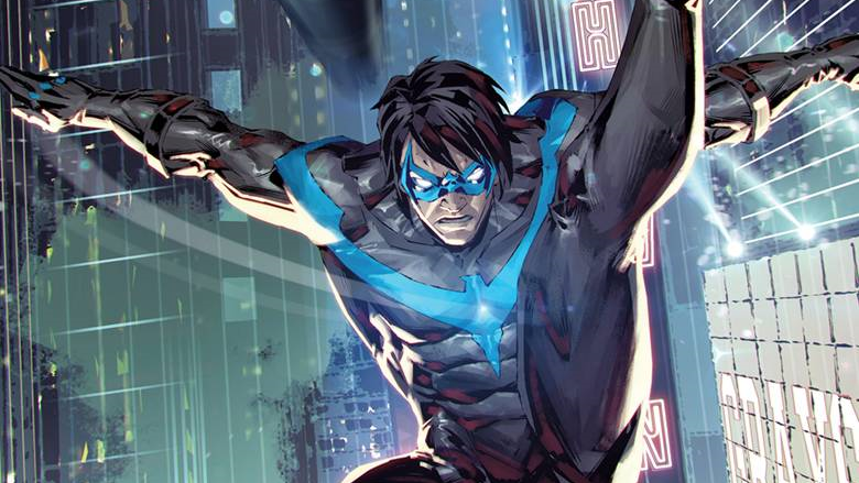Nightwing soars through the city skylines on the alternate cover for Titans United.