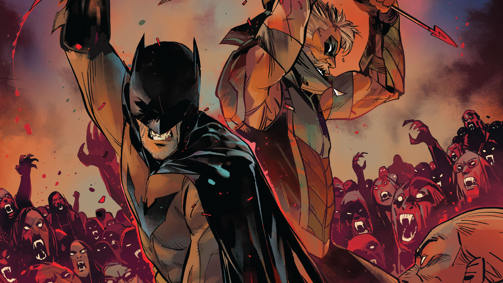 Batman and Green Arrow fight side-by-side, surrounded by a sea of vampires on the cover of DC vs Vampires.