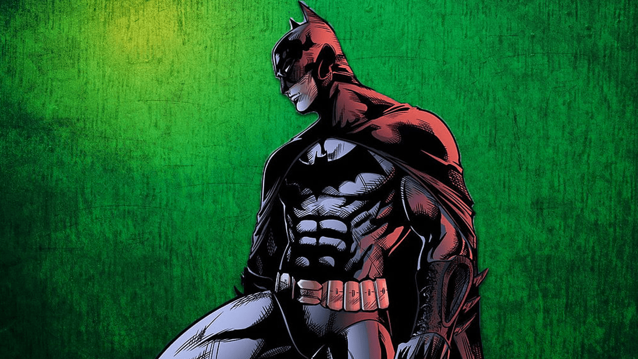 Batman stands in front of green wallpaper.