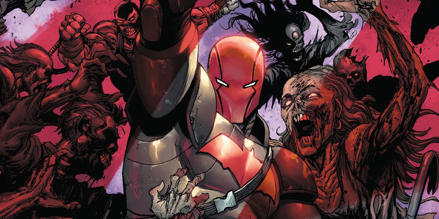 The Red Hood is surround by Zombies in Task Force Z.