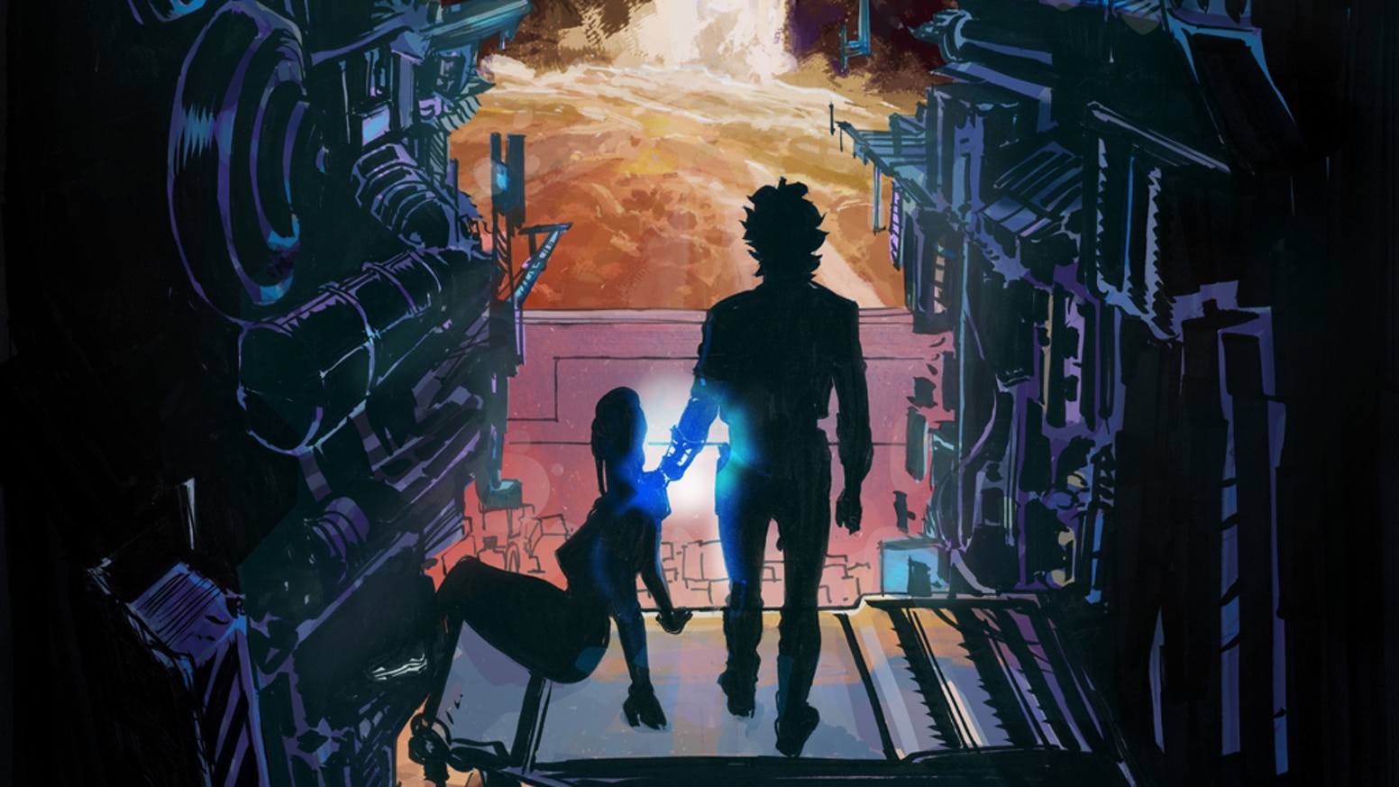 There are two silhouettes of the two main characters of The Saturn Effect: Alpha as they sit inside some metal construction.