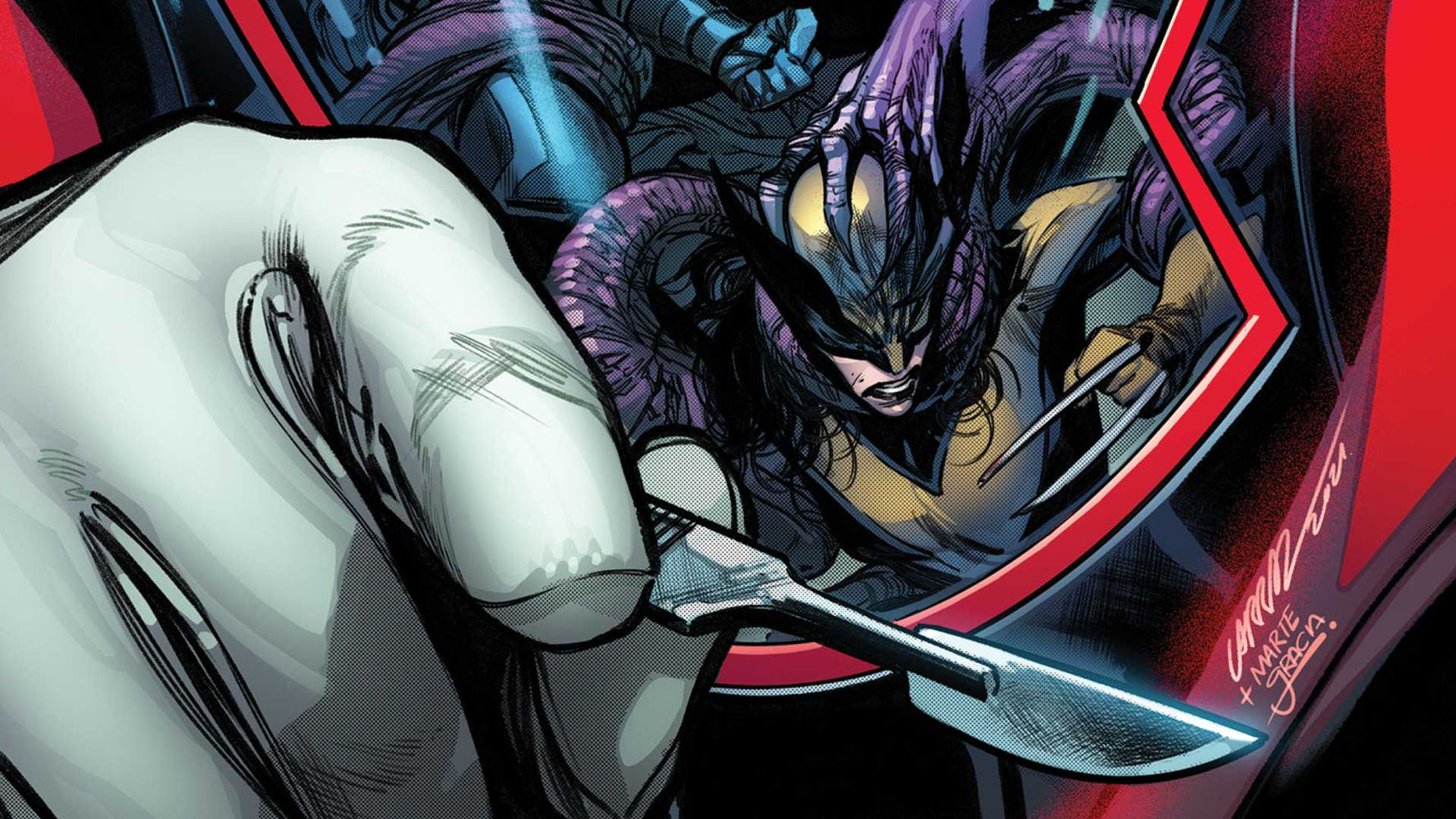 Wolverine is trapped in the background as hand with a scalpel looms in the foreground.