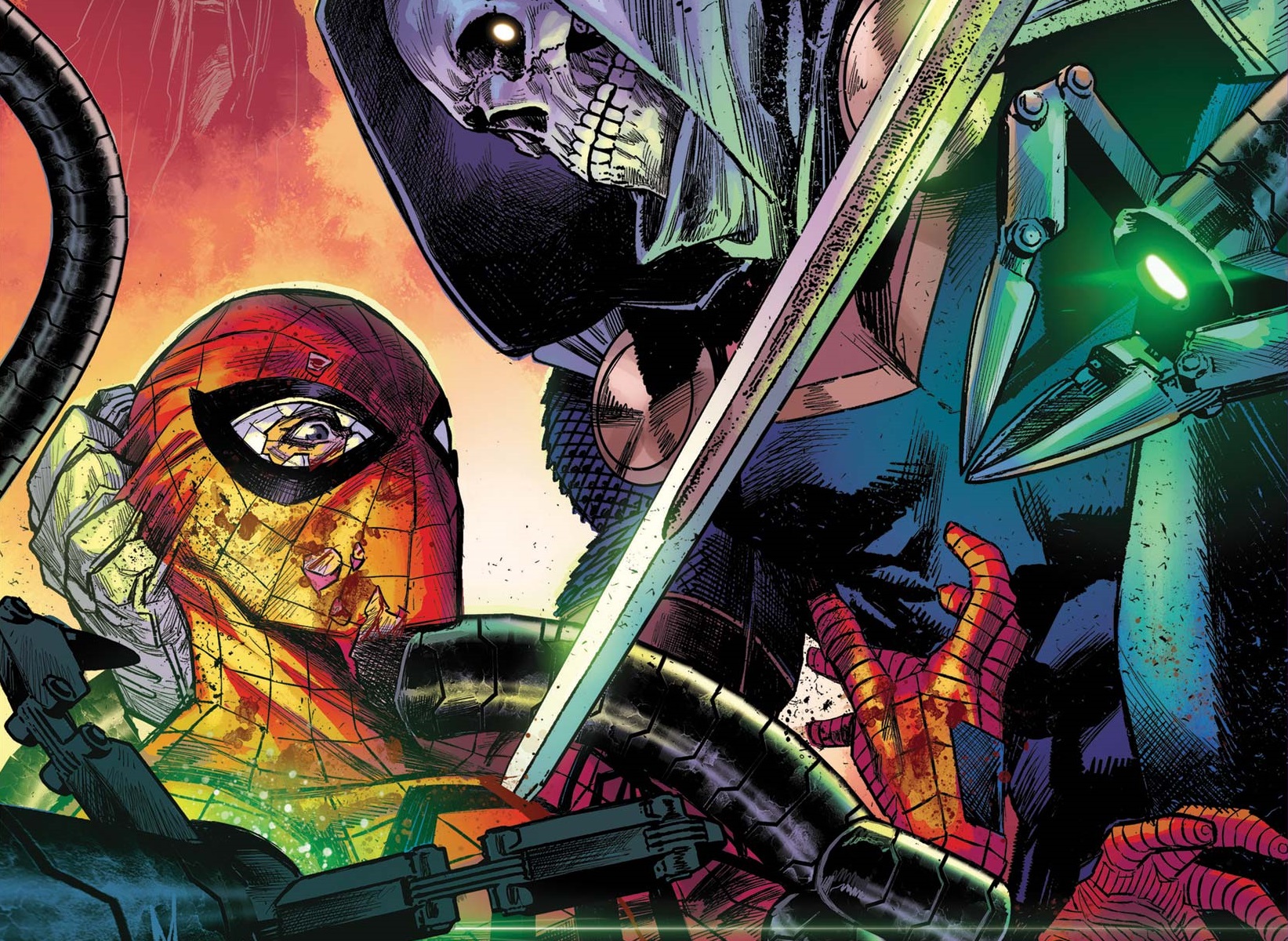 Spider-Man is being stabbed by Taskmaster while being held down by Doc Ock's arms on the Devil's Reign #2 cover..