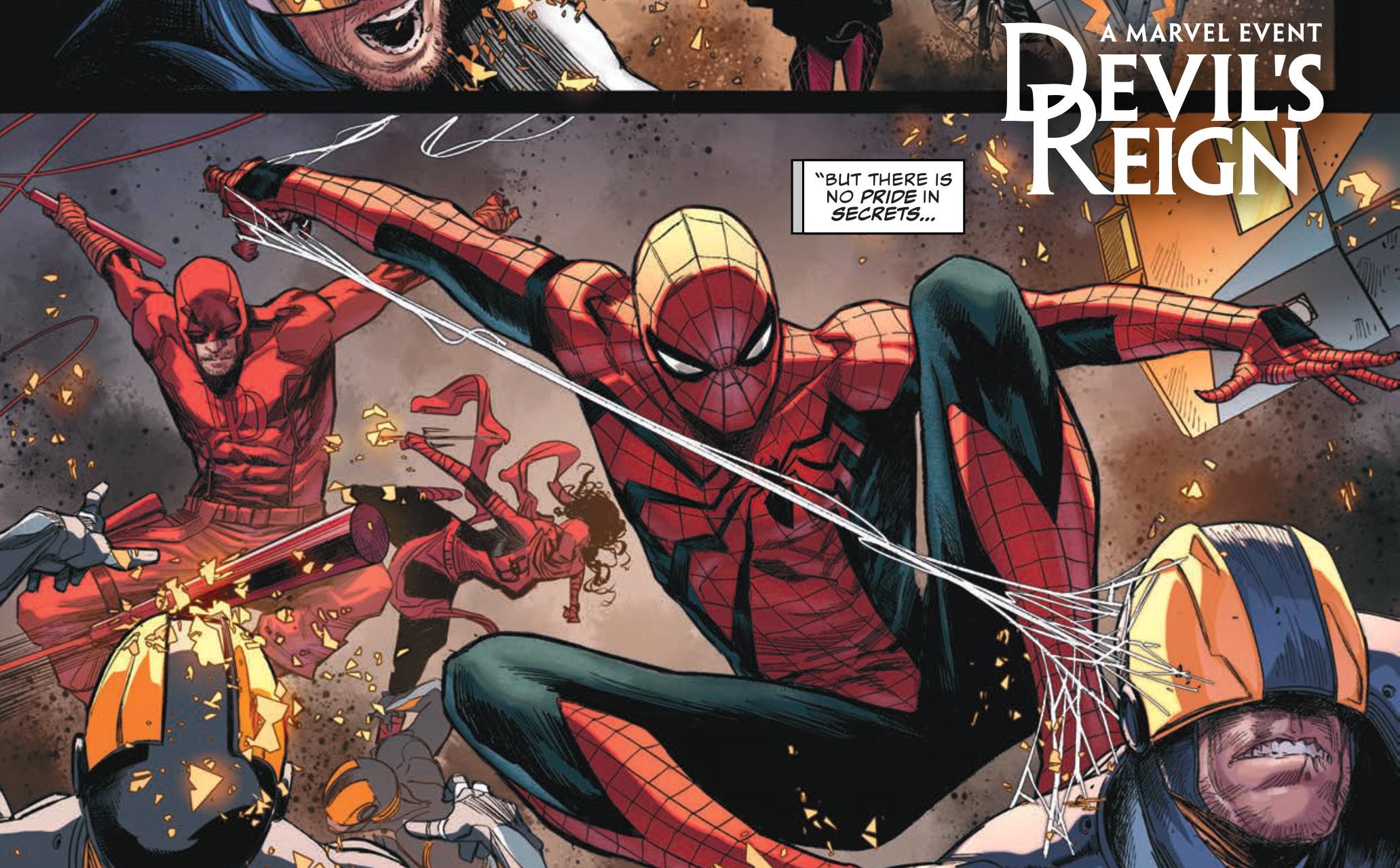 Spider-Man and both Daredevil's take out Thunderbolt soldiers with the book's title, "Devil's Reign" in the corner.