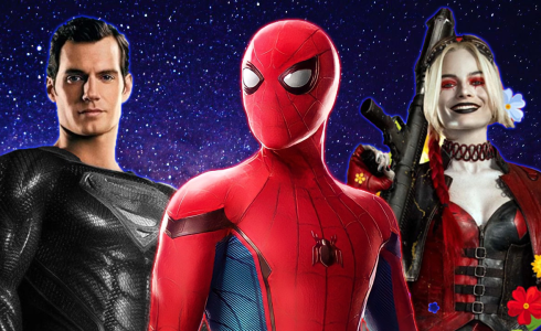 Tom Holland Spider-Man, Cavill Superman, and Margot Robbie Harley Quinn each stand side by side.