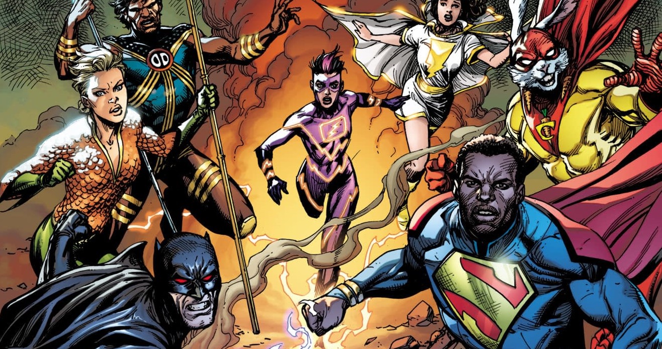 The roster of Justice League Incarnate run away from the blast. The roster includes, Aquawoman, Flashpoint Batman, Thunderer, Avery Flash, Mary Marvel, Captain Carrot, and President Superman.