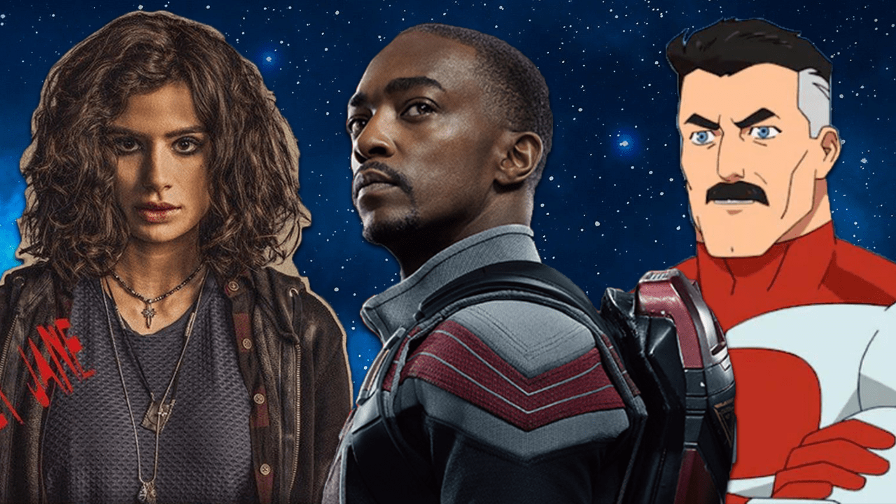 Crazy Jane, the Falcon, and Omni-Man stand side by side.