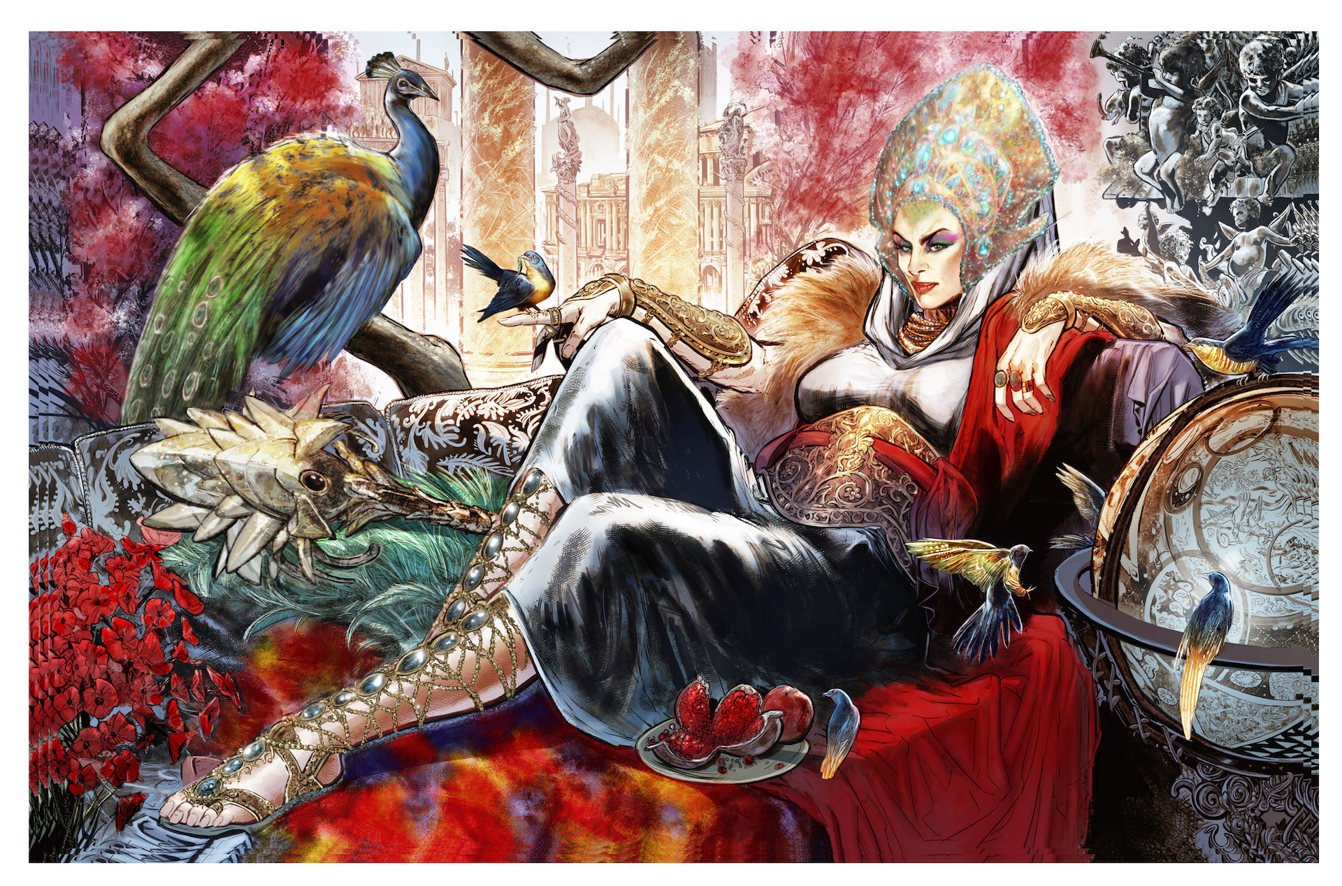 Hera lounges on an extravagant sofa with her peacock.