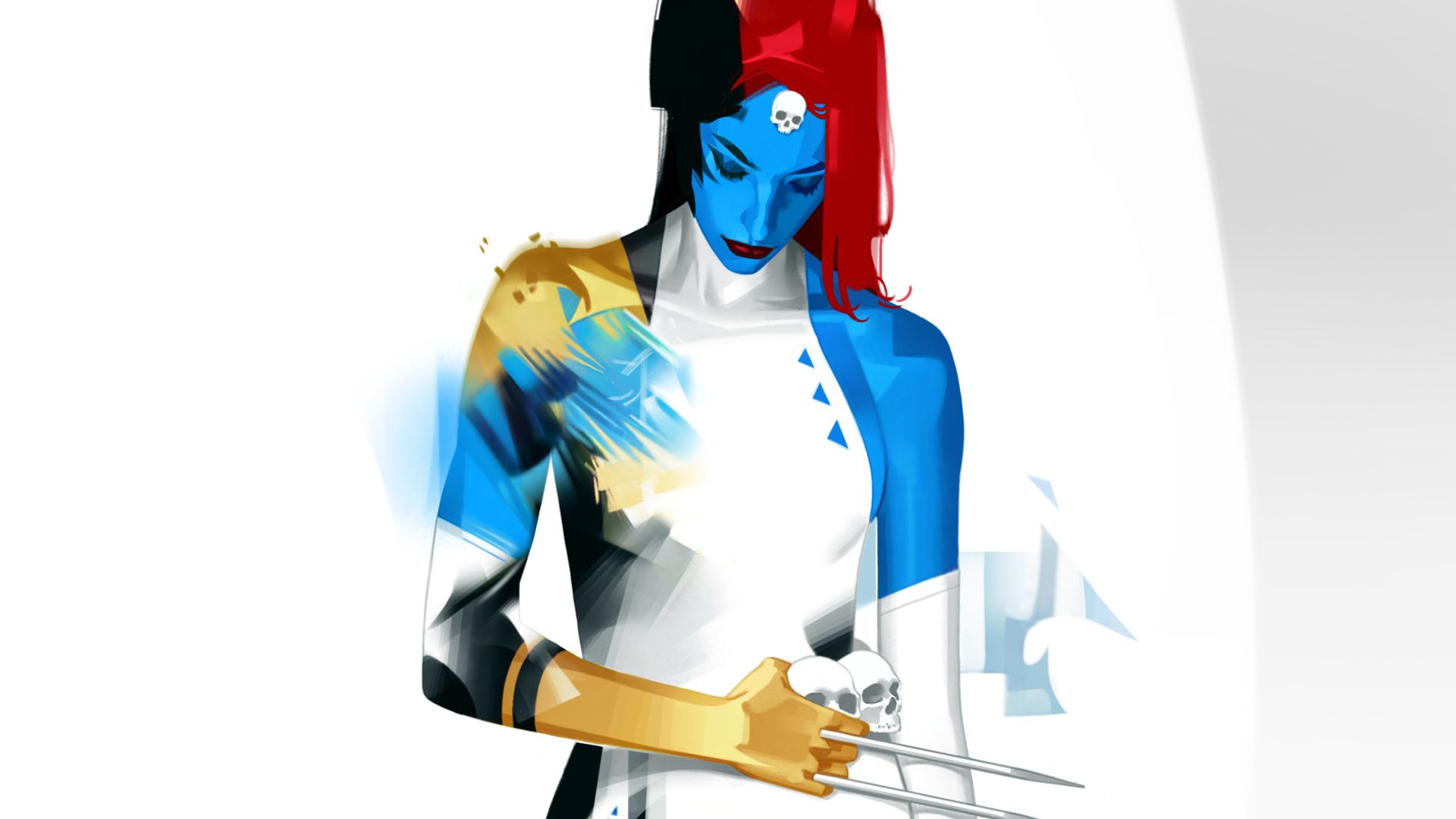 Mystique is partially transforming into Wolverine.