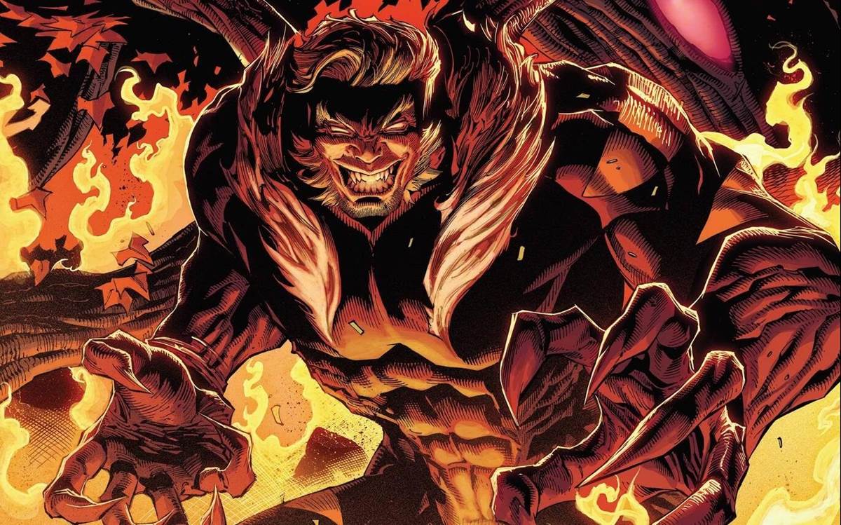 Sabretooth stands before Krakoan vines and surrounded by flames.