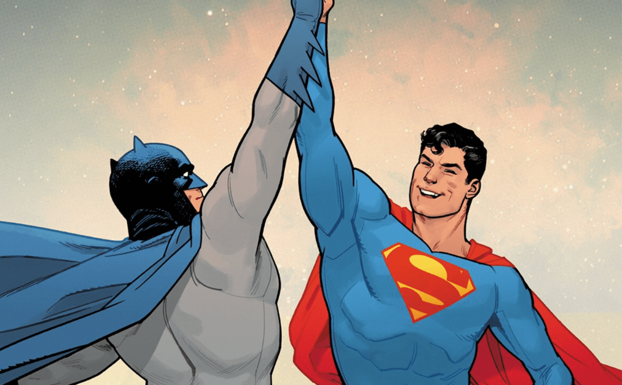 Batman/Superman: World's Finest high-fiving.
