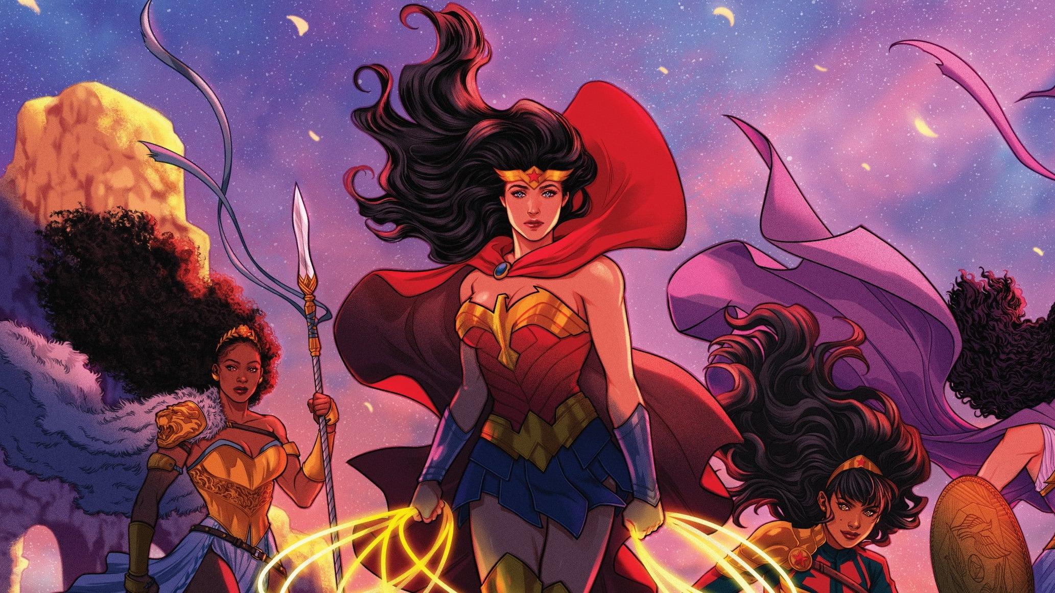 Wonder Woman stands with Nubia on her left and Yara Flor on her right on the cover of Trial of the Amazons.