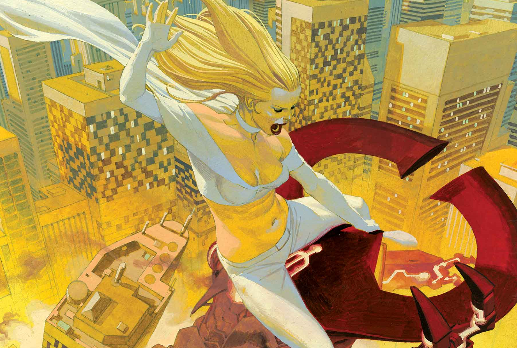 Emma Frost riding a giant Eternal.