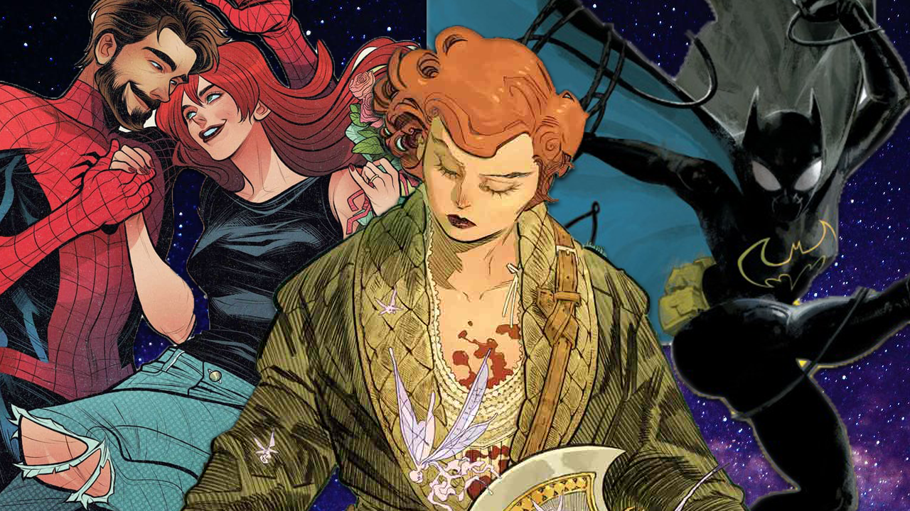 Helen of Wyrndhorn in the middle, Cassandra Cain to the right, and Spiderman and Mary Jane to the left.