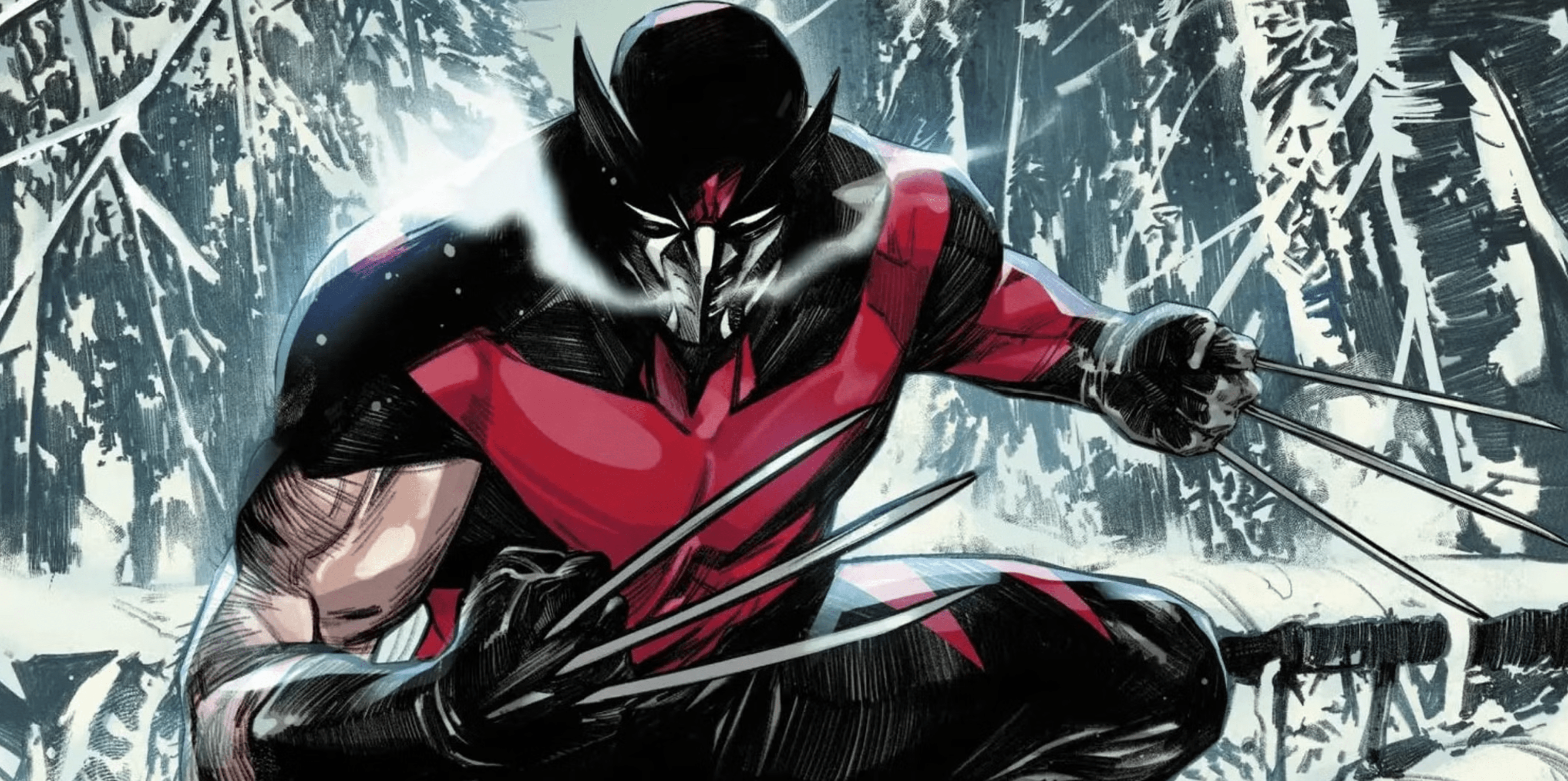 Wolverine walking through a winter forest.