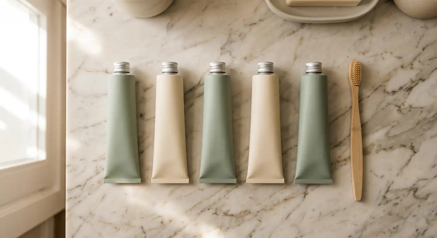 Best non-toxic toothpaste — five unlabeled cream and sage toothpaste tubes flat lay on marble with a bamboo toothbrush
