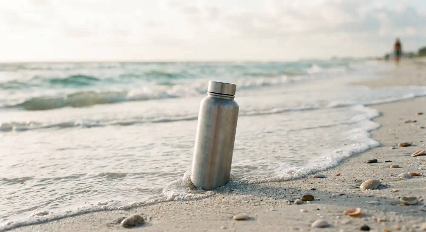 Best stainless steel water bottle for families — brushed stainless bottle standing in wet sand as a wave washes in, shells scattered on a coastal beach