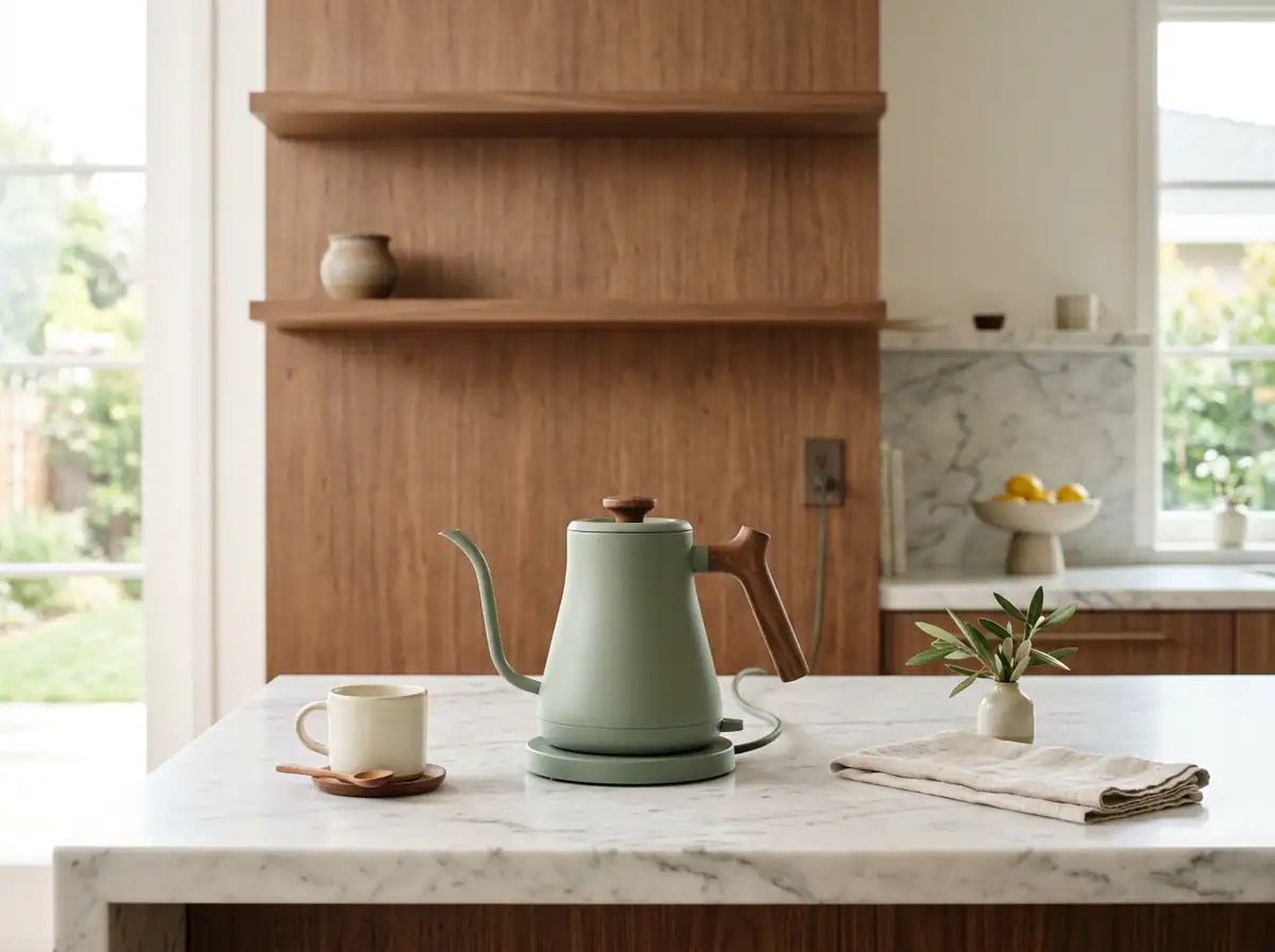 Luxe stainless steel electric kettle in matte sage green with a wood handle on a marble kitchen island