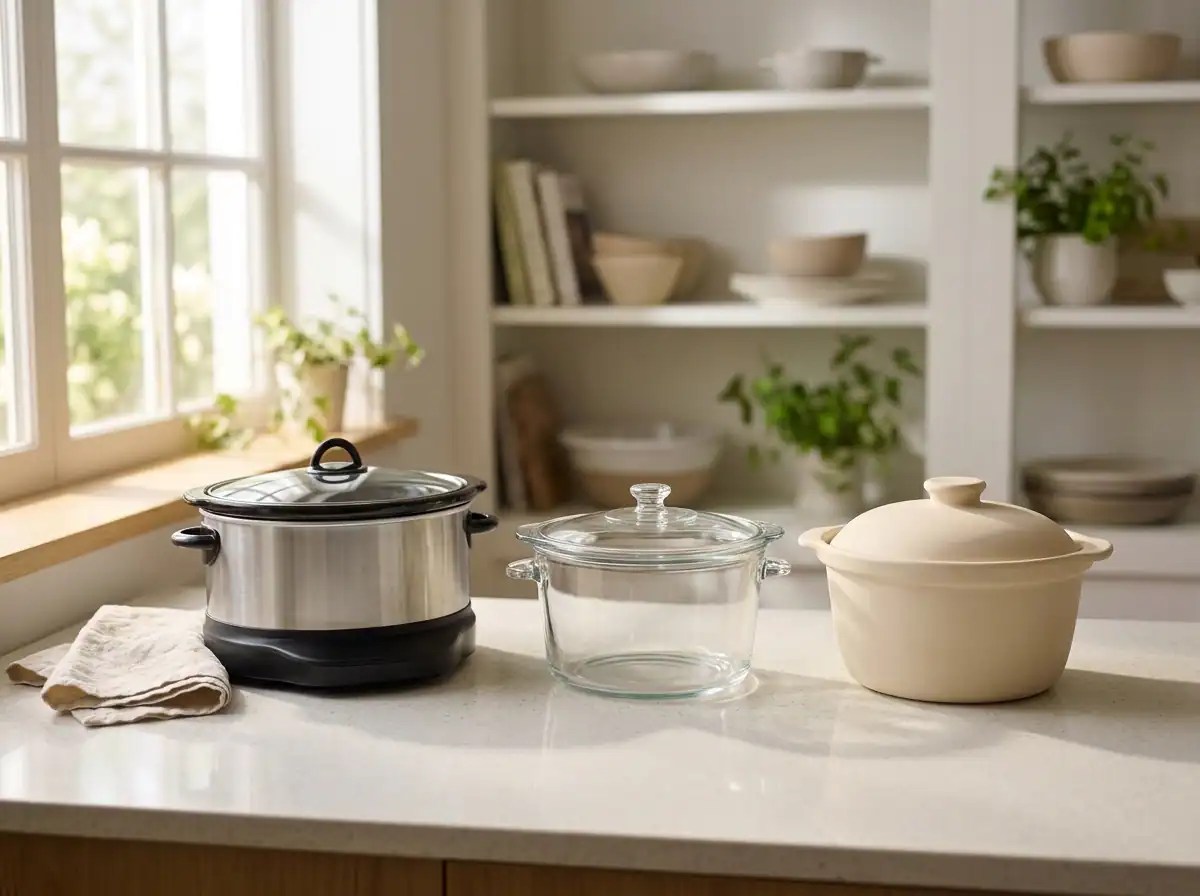 Non-toxic slow cooker options compared: stainless steel, glass and cream clay pots on a stone kitchen counter