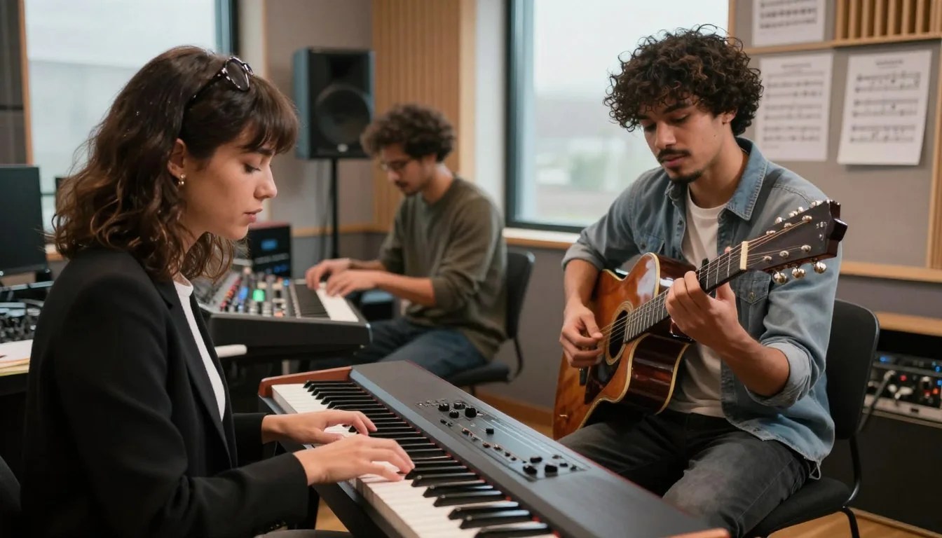 Musicians collaborating during custom song studio production