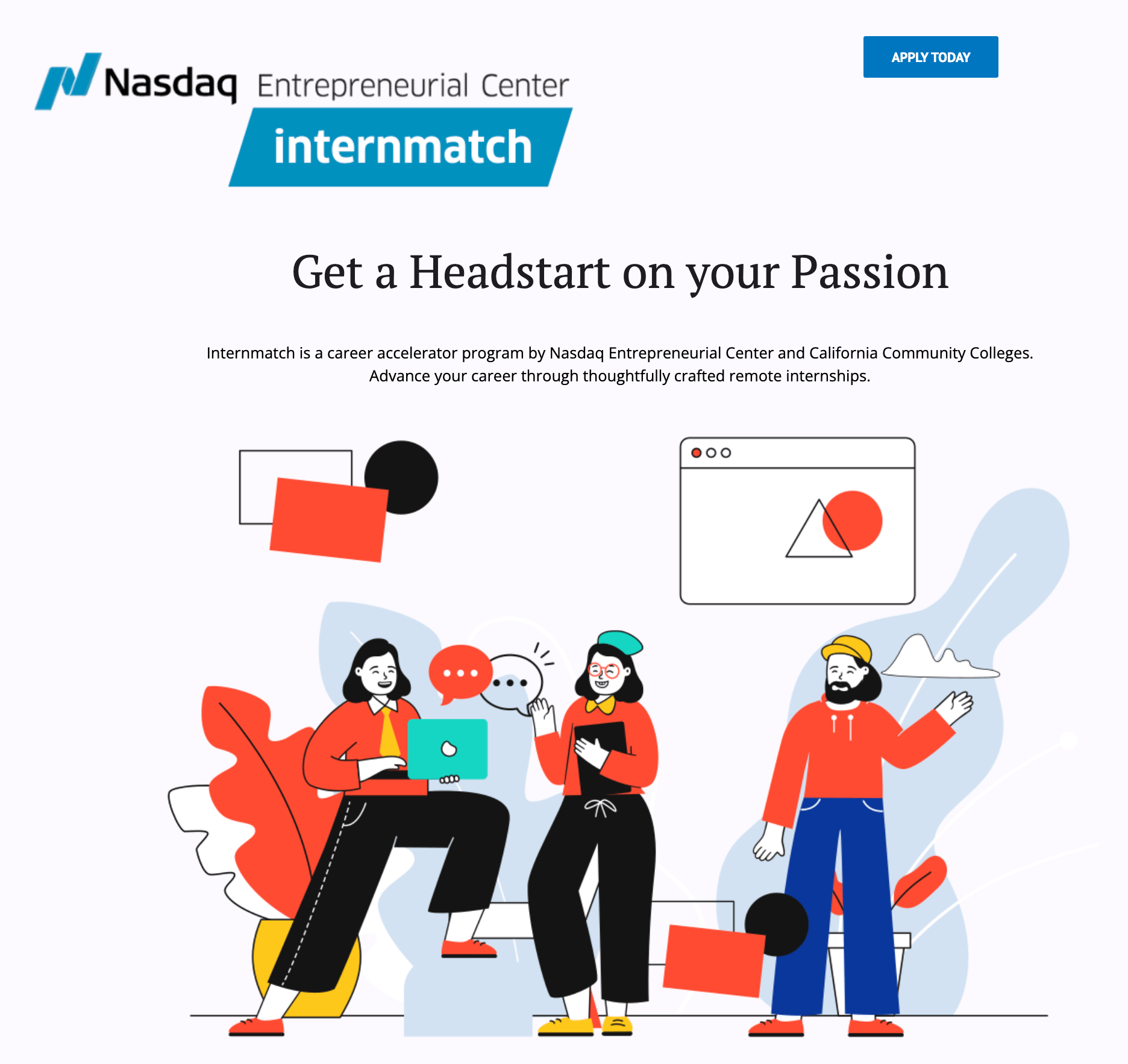 Nasdaq Intermatch application page. The headline reads "get a headstart on your passion"