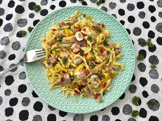 Spaghetti met ham en kaas, glutenvrij en kids proof