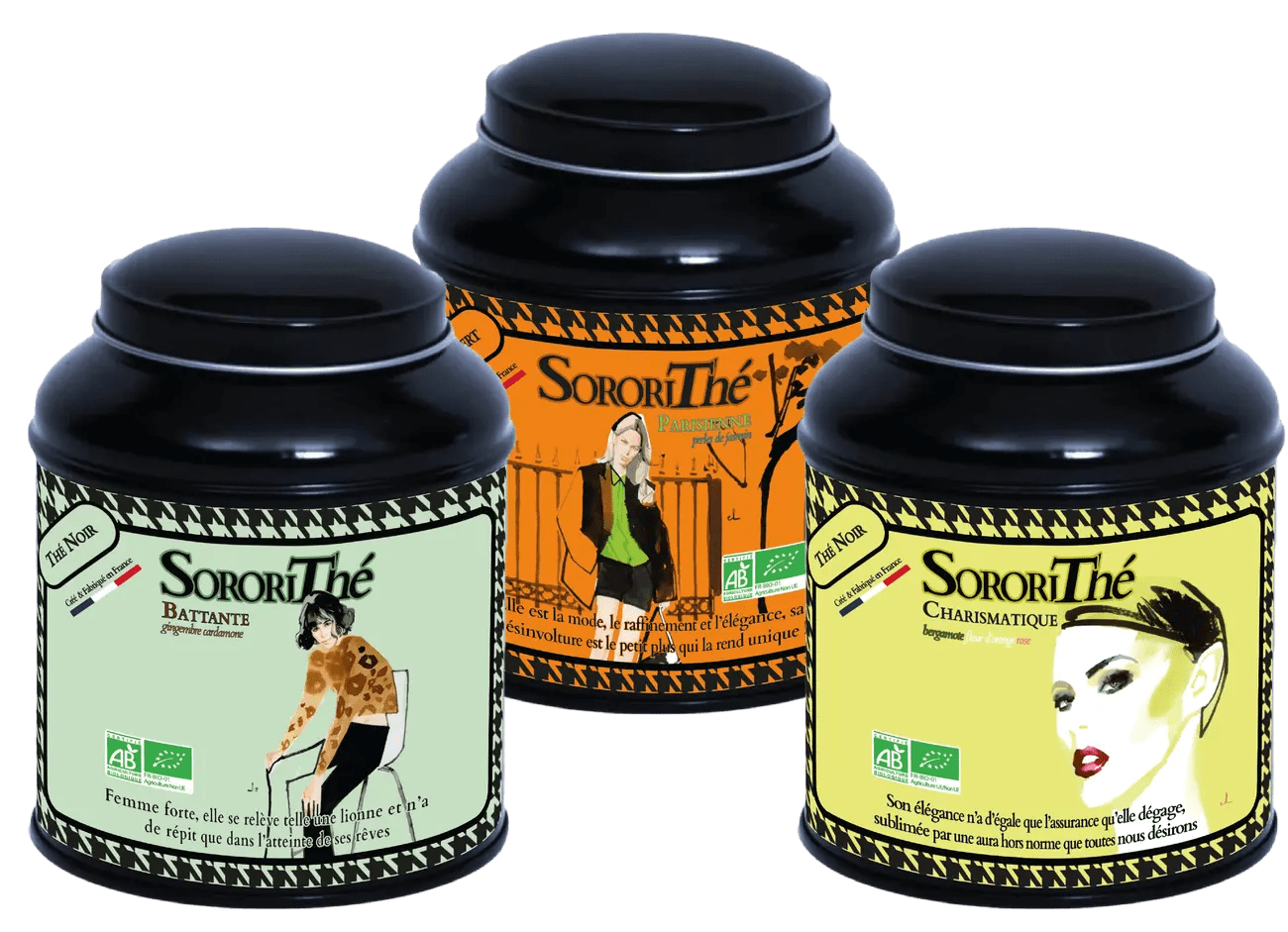 coffret thés bio trio magnétique SororiThé – thés noirs et thé vert en boîtes