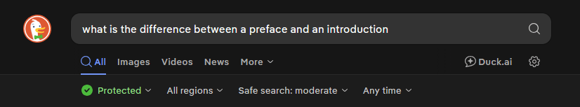 This is a screenshot from the Duck Duck Go browser displaying the search phrase: "what is the difference between a preface and an introduction"