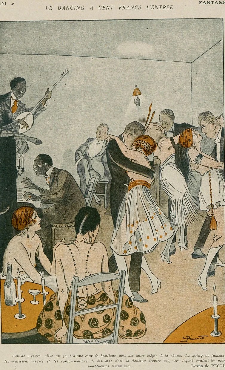 A print showing couples dancing and a band playing in a Paris club of the 1920s. Two women are seated at a table near the dance floor. All wearing 1920s evening wear.