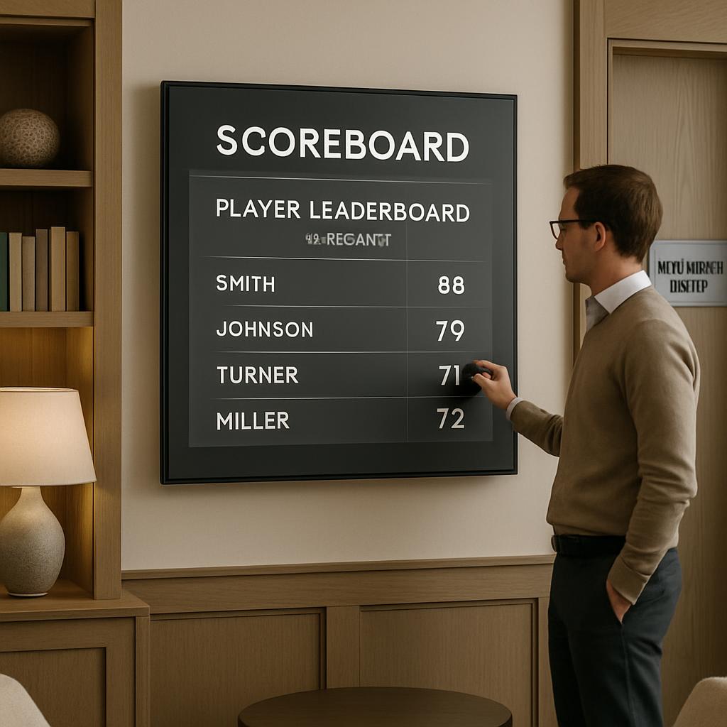 A man in a tan sweater and blue jeans pauses in front of an interactive scoreboard, examining the leaderboard on the wall....