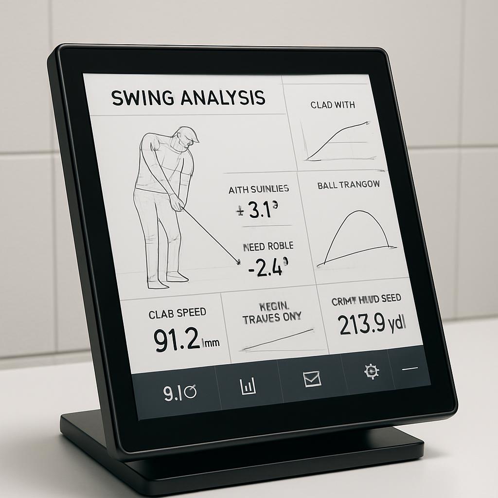 * The monitor has a black frame with rounded corners and a black stand. * The white screen features a black graphic of a g...