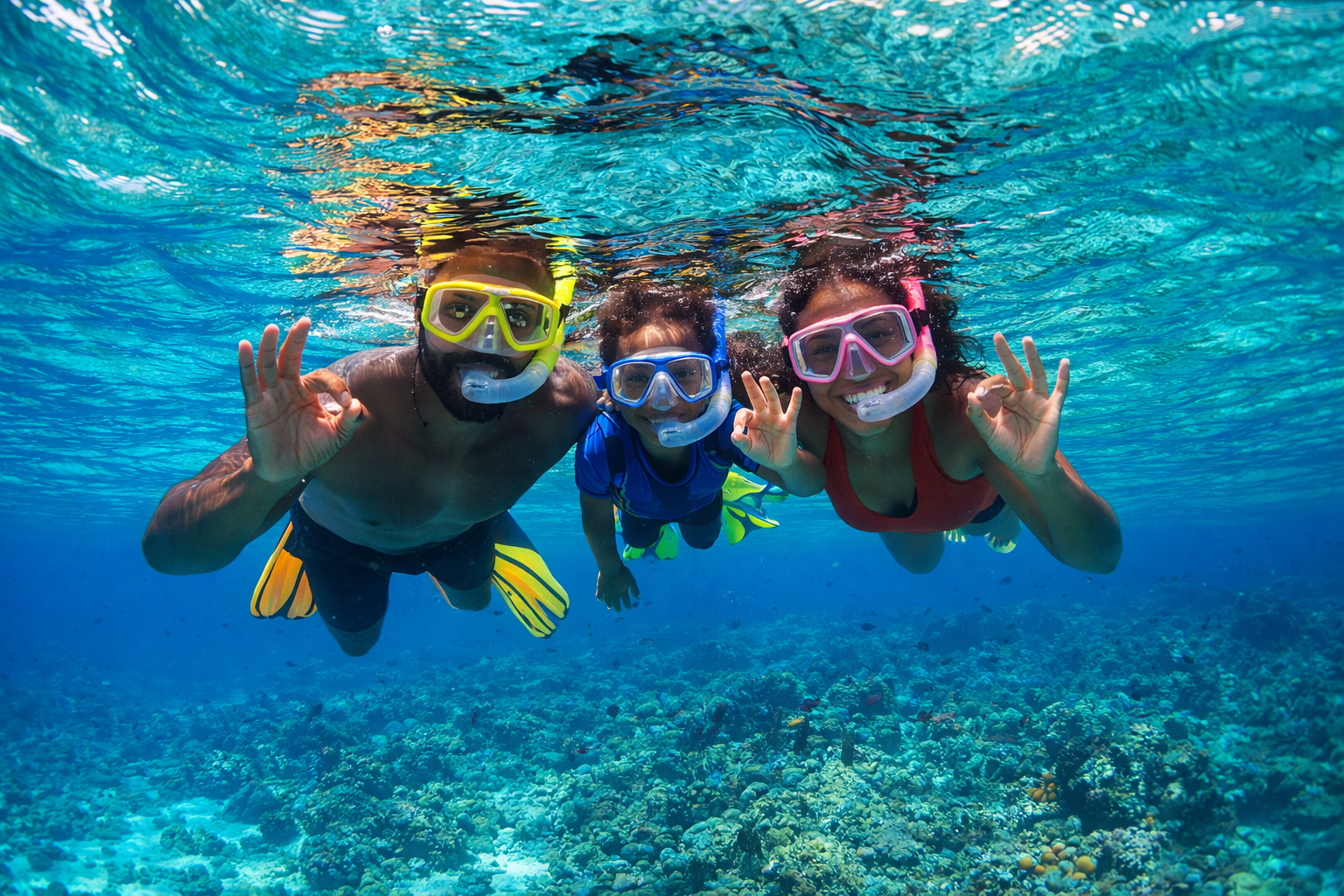 Three people snorkeling underwater over coral reef making OK hand signs