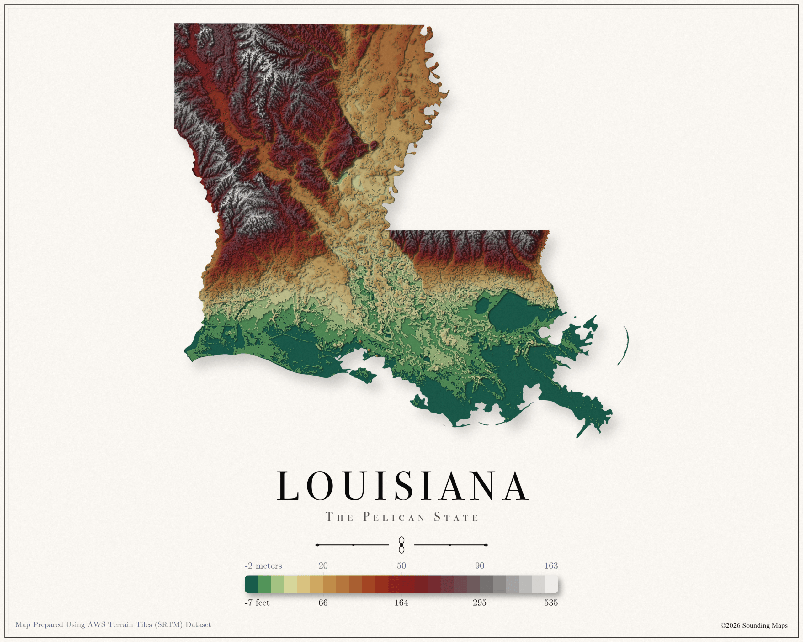 Nebraska Elevation Map Louisiana Elevation Map Scaled 