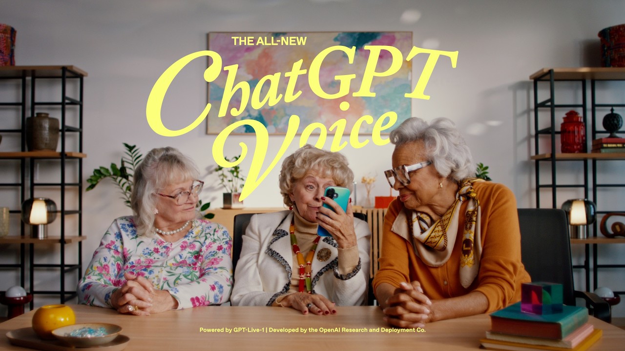 Three elderly women sit at a table, one shows a phone while a neon-like banner reads 'ChatGPT Voice' behind them.