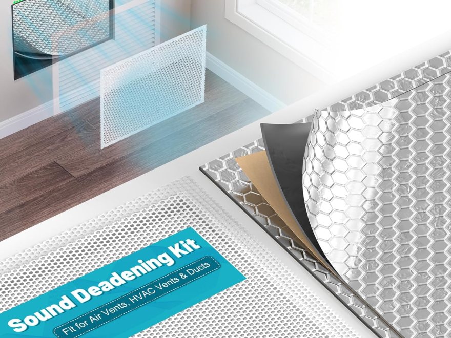 Sound Deadening Kit for vent noise reduction and vibration damping with perforated white vent cover and peel-and-stick hex pattern sheets