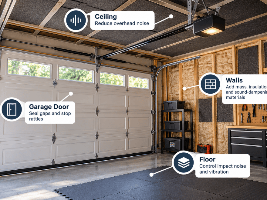 Garage soundproofing overview showing ceiling treatment, insulated walls, sealed garage door and floor vibration control